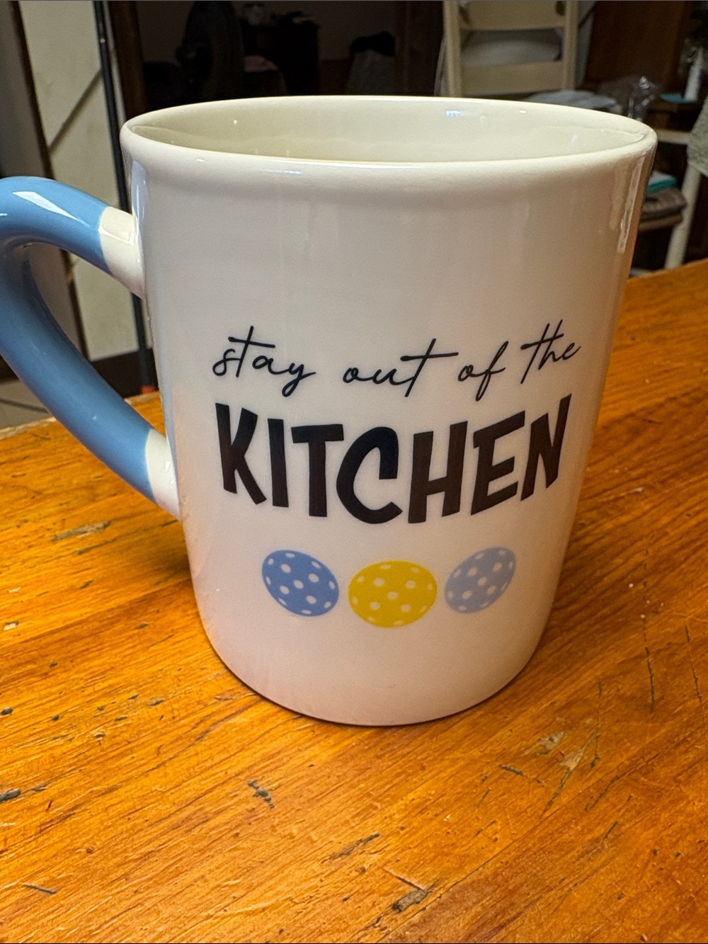 Stay Out of the Kitchen Ceramic Mug - Blue Handle